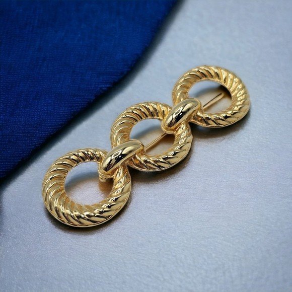 Estate Brooch Gold Tone Triple Twisted Loop Large Fancy Jewelry Pin - Picture 6 of 6